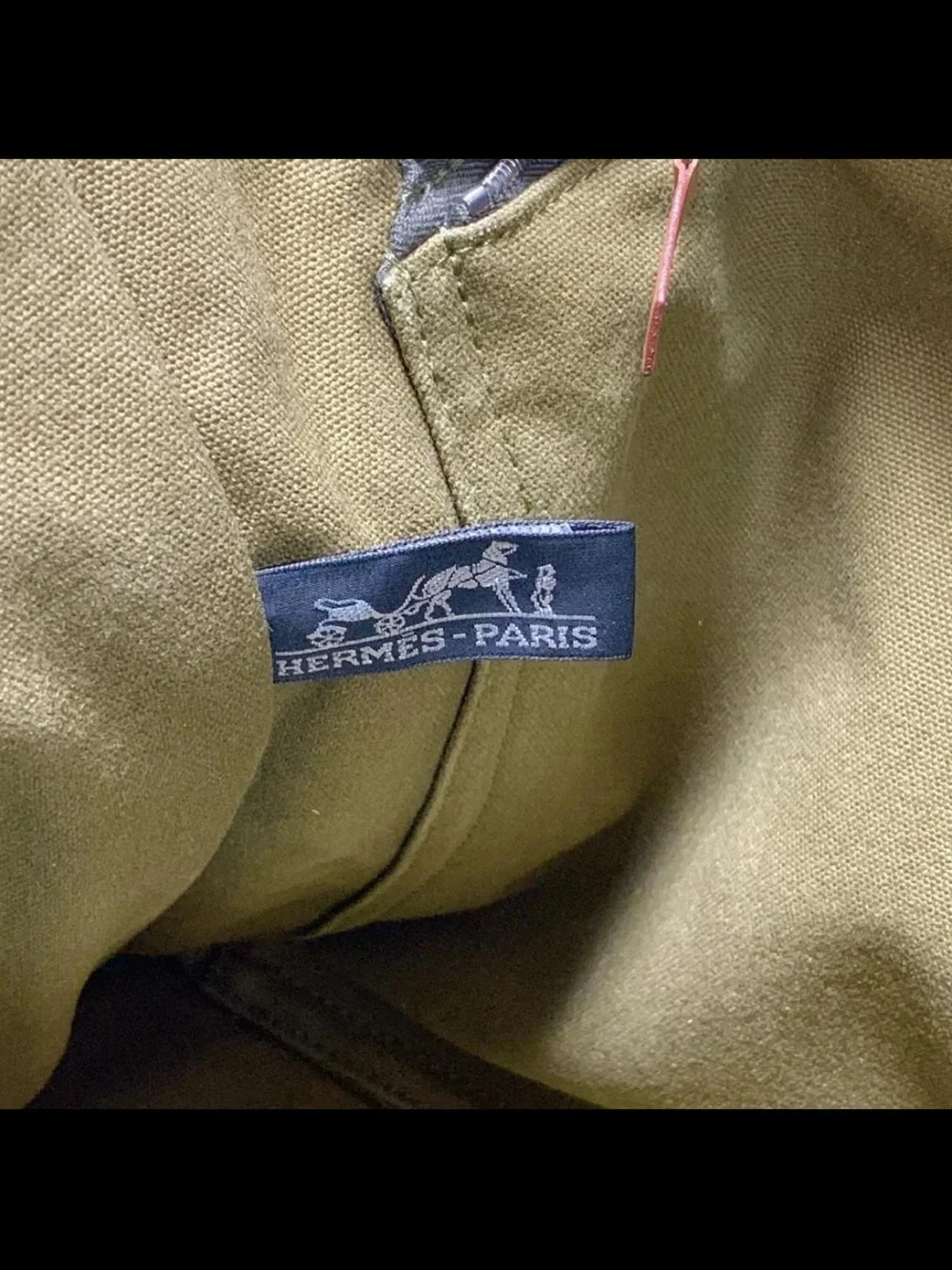Hermes Olive Green Canvas Tote with Navy Stripe Handles
